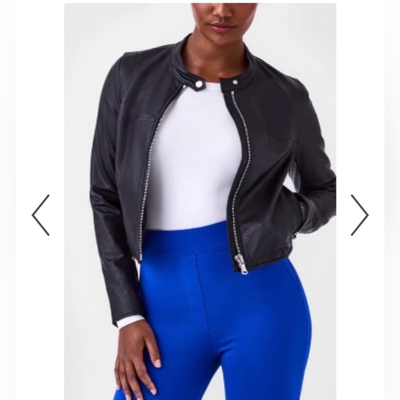 NWT SPANX, Spanx Leather-Like Moto Jacket in Luxe Black Faux Leather, Medium. - Picture 2 of 16